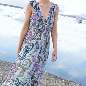 Oliphant Ruffle V-Neck Maxi Dress Monkey Print Capuchin Aqua Size Small